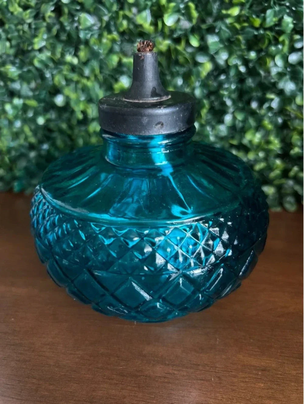 Vintage Pier 1 Blue Glass Oil Lamp Diamond Quilt Hurricane Lamp